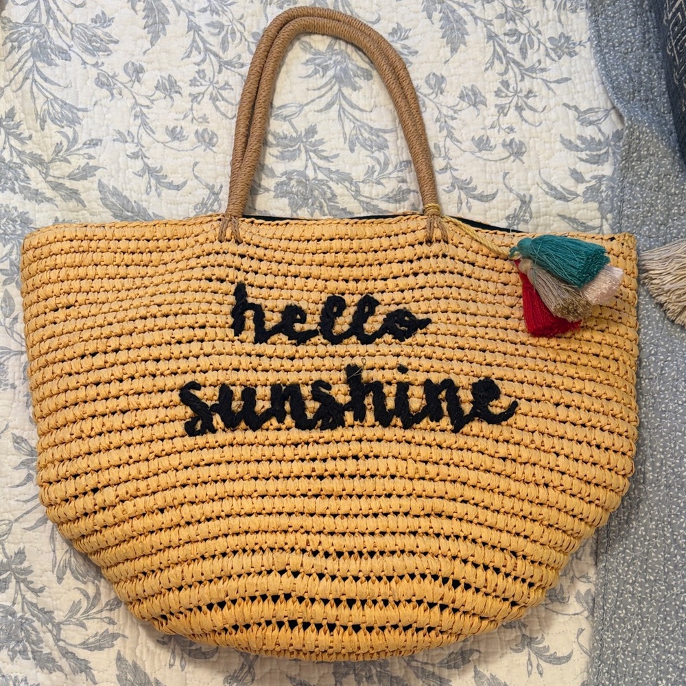 Yellow Woven Beach Bag with Tassels